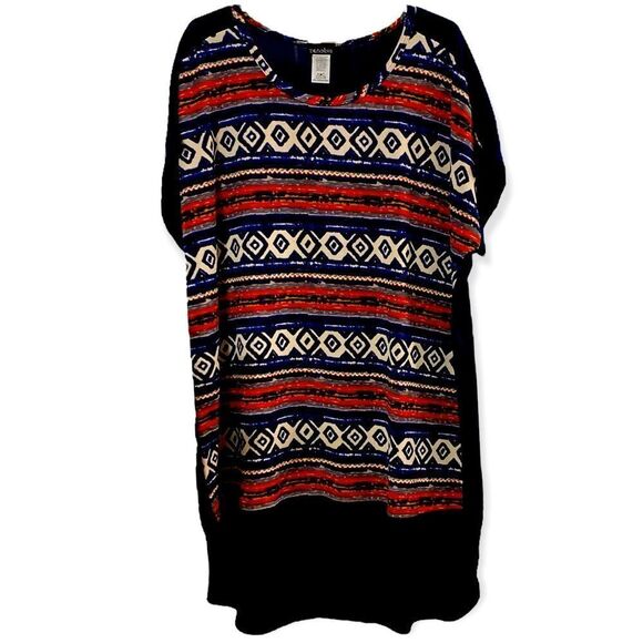 Blue Aztec Short Sleeve Round Neck Pullover Tunic Top Plus Size NEW - Picture 3 of 4